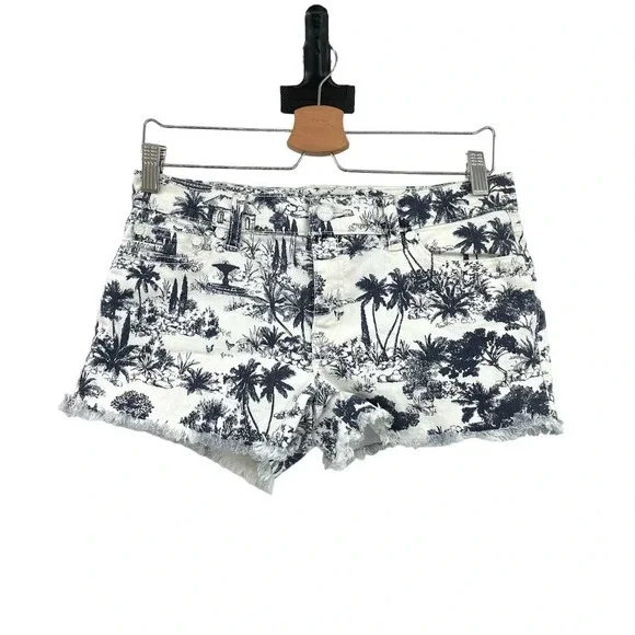 Tory Burch Frenesi Frayed Tropical Palm Tree Printed Denim Shorts Size 27‎